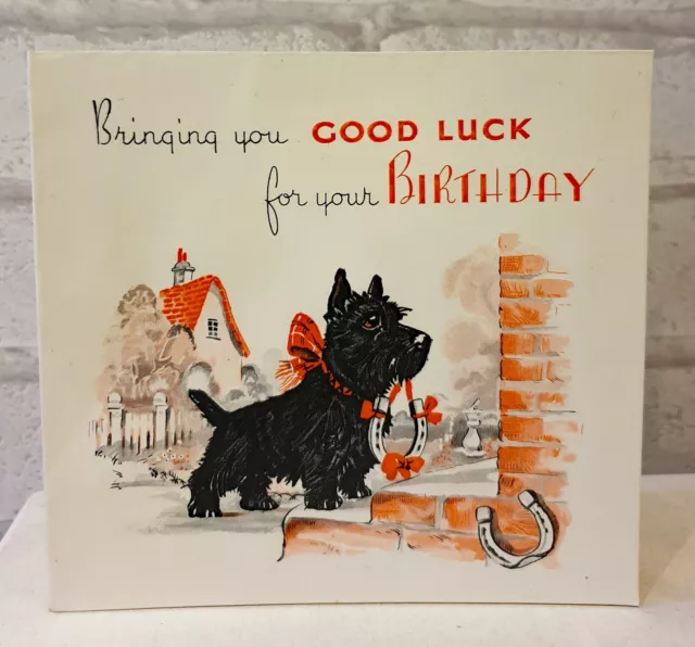 Vintage 1930s 1940s 1950s Scottie Terrier Dog Birthday Greeting Card EB0984