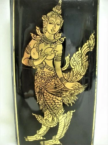 Thai KINNARI Gold & Black Lacquer BOX Hindu LOVE BIRD GODDESS Thailand Burmese 2