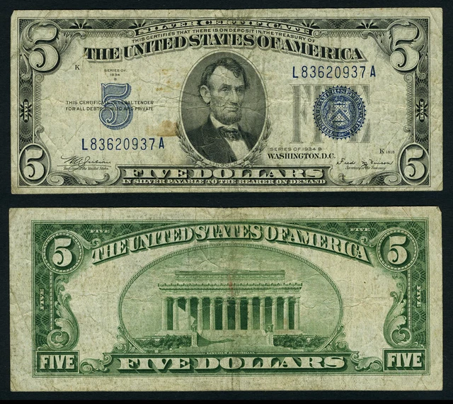 FR. 1652 $5 1934-B Silver Certificate Mule BP# 637 Fine