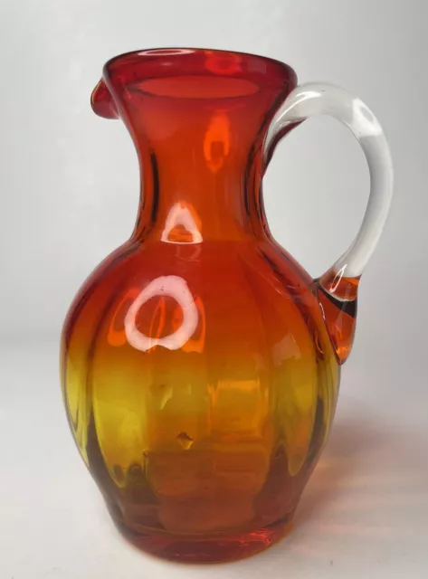 Orange Amberina Art Glass Pitcher Yellow Amber To Ruby Red Small Cruet Hand Made