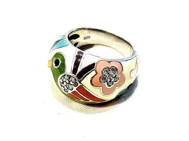 Bague Jonc En Argent Massif 925 - Motif Oiseau Et émail - Marque Una Storia - Taille 56 - Occasion (très Bon état)