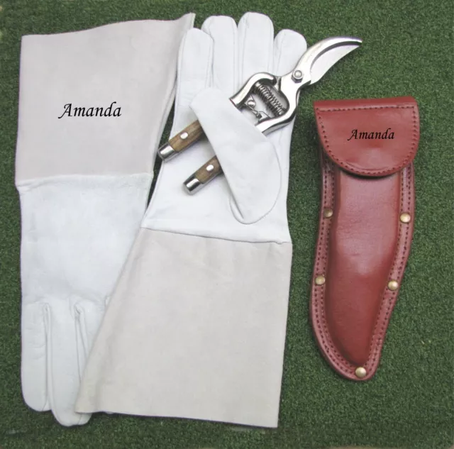 PERSONALISED Real Leather Gardening gloves & Secateurs with leather holster gift