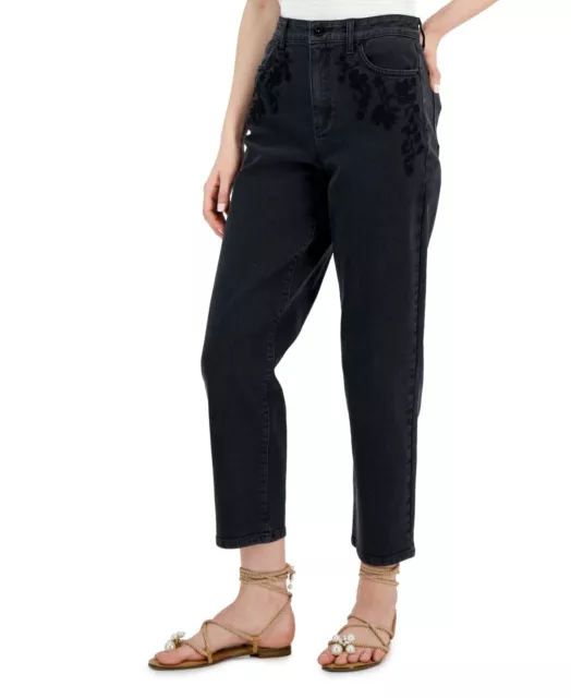 MSRP $80 Inc Womens Embroidered Pocket High Rise Straight-Leg Jeans Black Size 8