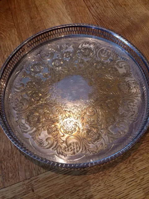 Lovely Sized Round Silver Plated Galleried Tray- Chased well - 26 cm diameter