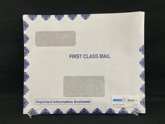 First Class Mailing Envelope Two Windows Income Tax Aid Peel Seal 50 Pack 12x9