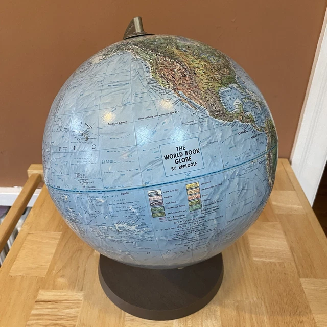 Vintage World Book Globe by Replogle 12" On Wooden Base With Time Strap