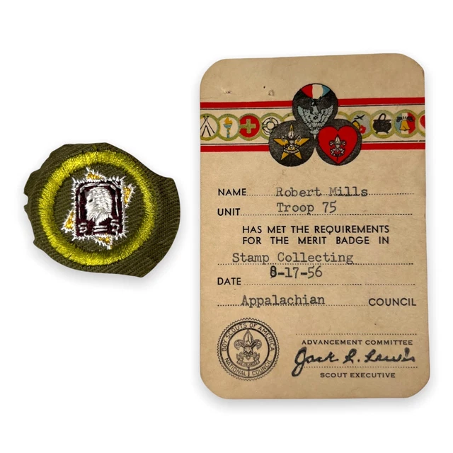 VINTAGE BOY SCOUT STAMP COLLECTING Merit Badge Patch Card 1950s Type E