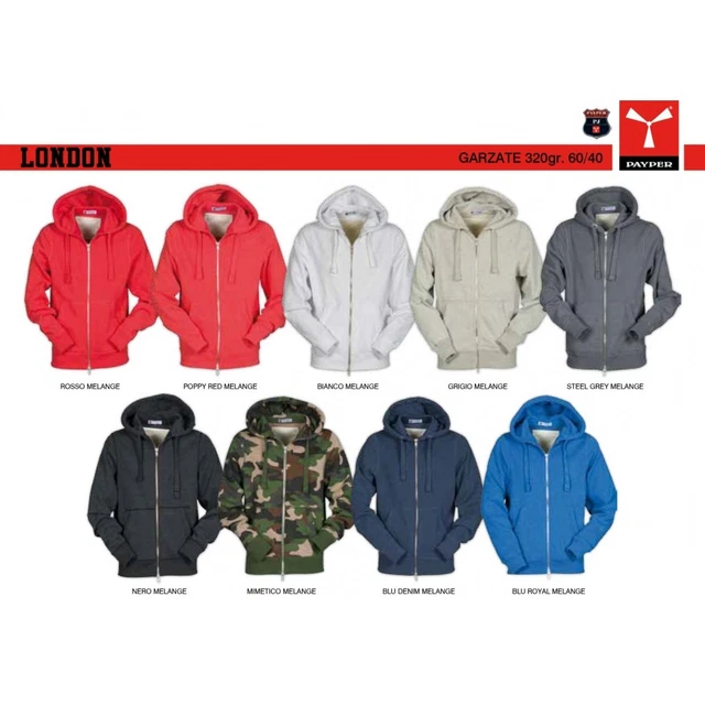 Felpa LONDON PAYPER uomo doppio cursore SBS full zip con cappuccio garzata 320gr