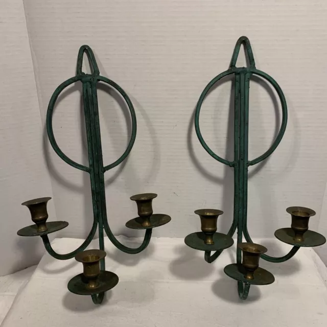 VTG set Of Brass Sconces Art Deco Wall Candle Holders Green Verdigris Pair
