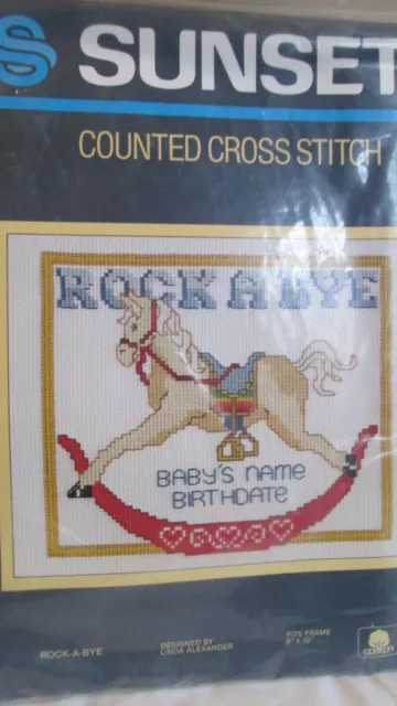 Kit de bebé Sunset Cross Stitch Rock-a-Bye contado nombre de bebé fecha de nacimiento caballo