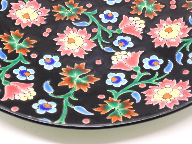 *BELLE ANCIENNE ASSIETTE CERAMIQUE  LONGWY NOIRE FLEURS MULTICOLORES Déco 5670 D 4