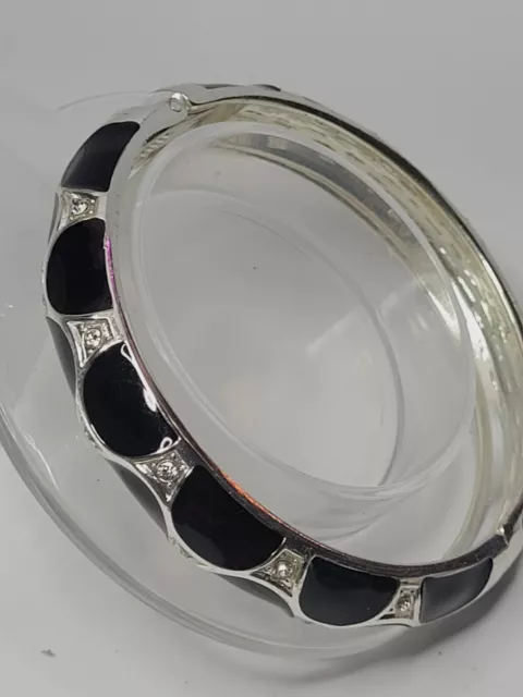 Hinged Bangle Bracelet  Enamel Silver tone with Rhinestones 7.5"  Wide Band