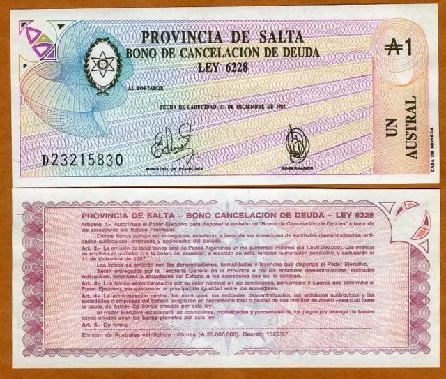 Nota de Emergencia Argentina, Provincia de Salta, 1 Austral ND (1986) 1987 P-S2612e UNC