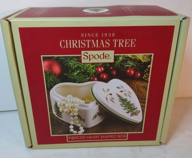 SPODE Christmas Tree Pierced Heart Shaped Porcelain Trinket Jewelry Box w/Lid