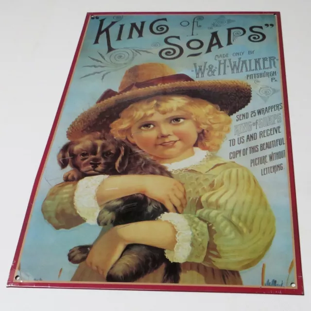 KING OF SOAPS = Altes Blechschild USA um 1990 SEIFE Bad Hundewelpen Kindermotiv