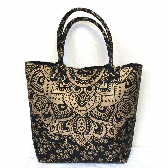 Fait à la Main Noir Or Mandala Sac à Main Femme Épaule Shopping Hippie Plage Sac