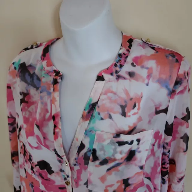 Women's Small APT. 9 Multi-color Floral Tunic V-Neck Sheer Top Roll Tab Sleeves