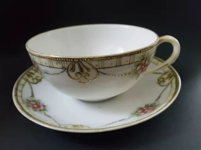 Vintage Nippon Hand Painted Gold Raised Delicate Teacup Saucer Made Early 1900s