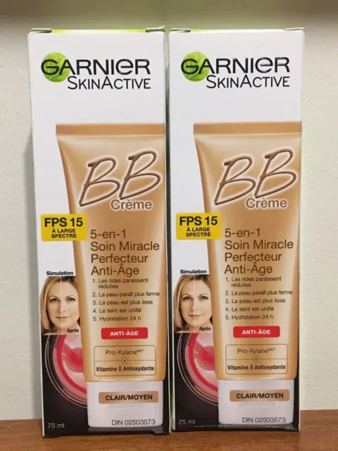 2 Garnier BB Cream 5 in 1 Miracle Anti Aging Light/Medium 2.5oz ea EXP 5/25 NIB 2