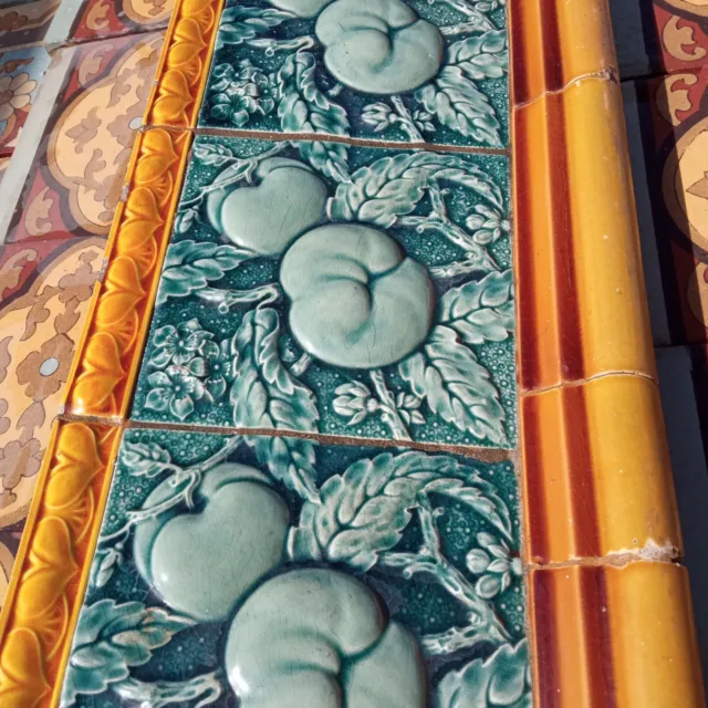 Reclaimed original period antique Art Nouveau tile fruits floral wall panel 5