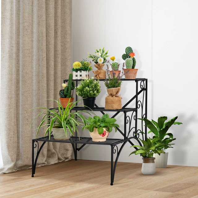 GARDEN SHELF FLOWER Pot Display Rack 3 Tier Stair Style Metal Plant