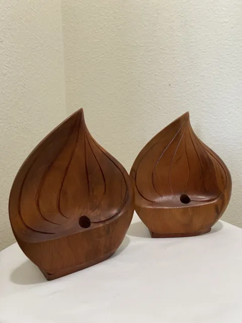 VTG Mid Century Wooden Bookends Anthurium Shaped with Hole Hand Carved Wood Set