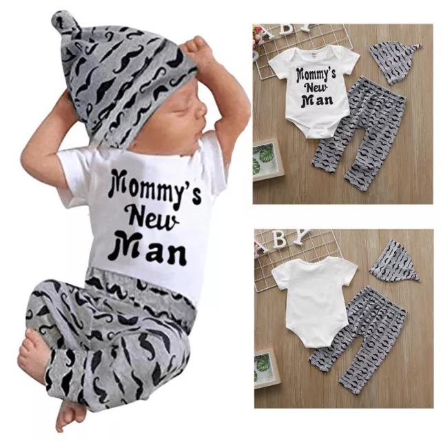 Newborn Kids Baby Boys Clothes Cotton Romper Tops Pants Hat 3PCS Outfits Set