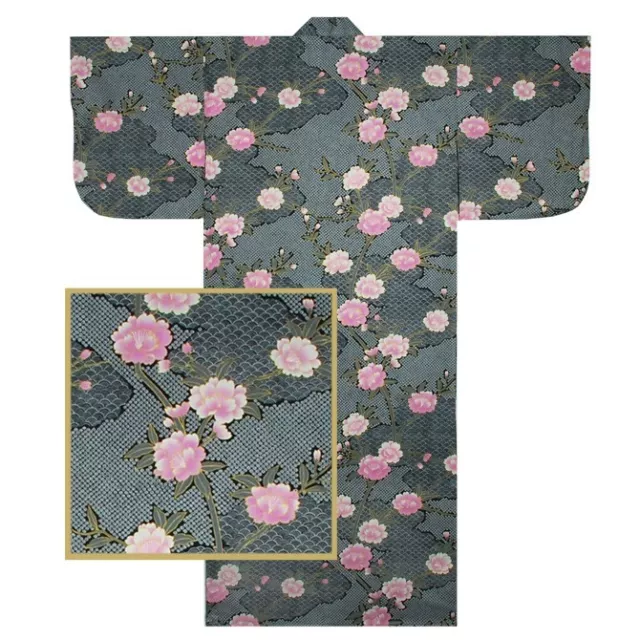 Japanese 58"L Kimono Yukata Robe Sakura Komon Print Black Cotton MADE IN JAPAN