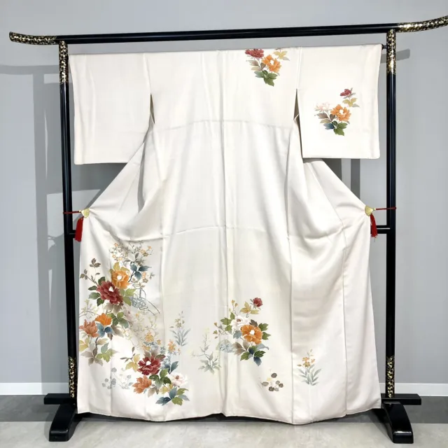 Woman Silk Kimono Houmongi Vintage Japanese Dress Hand Painted Beautiful Moutan