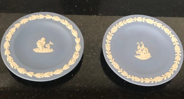 2 x Wedgwood Blue Jasperware Mayflower Ship  & Aquarius Small Plates  / Pin Dish