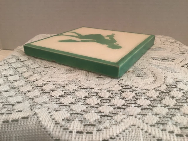 Vintage Antique Green & White Colonial Man Gentleman Silhouette Tile 3