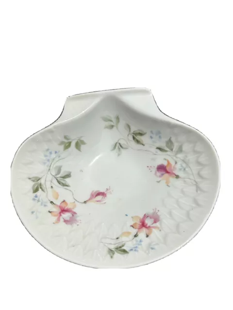 Vintage Limoges France Porcelain Scallop Shell Pink Purple Flowers Trinket Dish