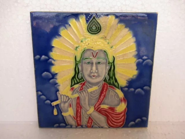 Antique Tile Lord Krishna Flute Music Art Nouveau Porcelain Majolica Japan Old"5 2