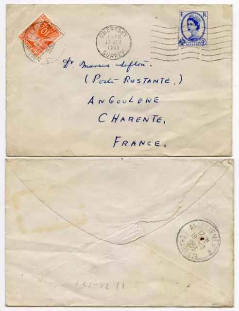 FRANCE POSTAGE DUE 10F from GB 1955 WILDING 4d