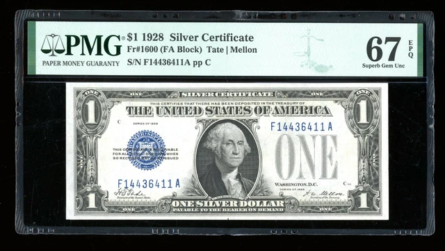 DBR 1928 $1 Silver Fr. 1600 FA Block Superb Gem PMG 67 EPQ Serial F14436411A