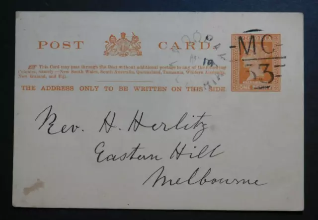 1899 Woorak Australia postal stationery postcard cover to Melbourne