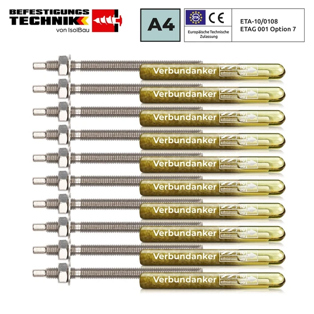Juego de 10x cartucho de anclaje compuesto M8 + barra de anclaje A4 acero inoxidable M8 x110mm galvanizado