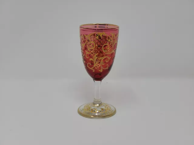 Bohemian Josefhinenhutte / Moser Crystal Raised Enamel Cranberry Glass Cordial