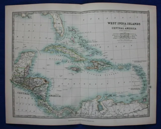 Original antique map WEST INDIES, CENTRAL AMERICA, CUBA, PANAMA, Johnston, 1896