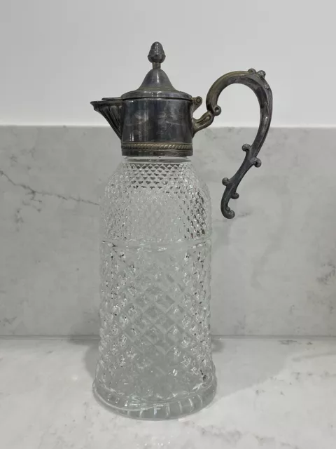 Vintage Large Italian Silver Plated & Diamond Cut Crystal Glass Decanter Pitcher