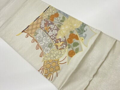 6235010: Japanese Kimono / Vintage Fukuro Obi / Woven Flower With Birds