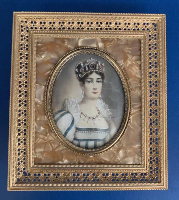 Antique-Empress Josephine-Miniature Painting-Gilt Filigree-Pearlized Celluloid