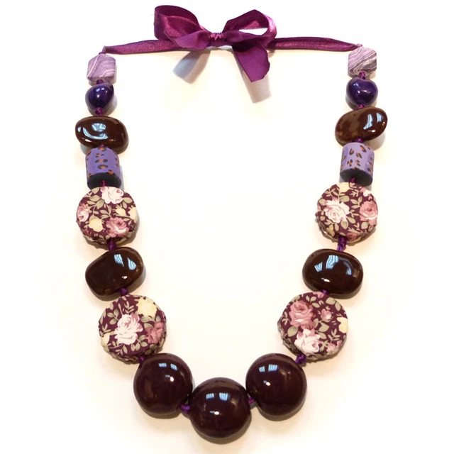 Collier Sautoir Perles Terre Cuite Céramique Sur Ruban Satin - Multicolore Et Rose, Neuf