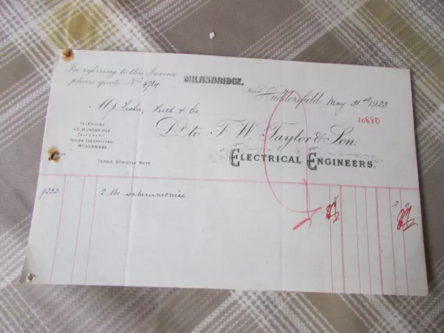 FW Taylor Electrical Engineers MILNSBRIDGE nr HUDDERSFIELD 1925 Original Invoice