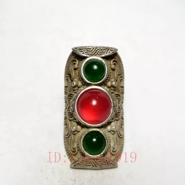 Old Collection Chinese Tibet Silver Handmade Flower Inlay jewelry Ring Gift