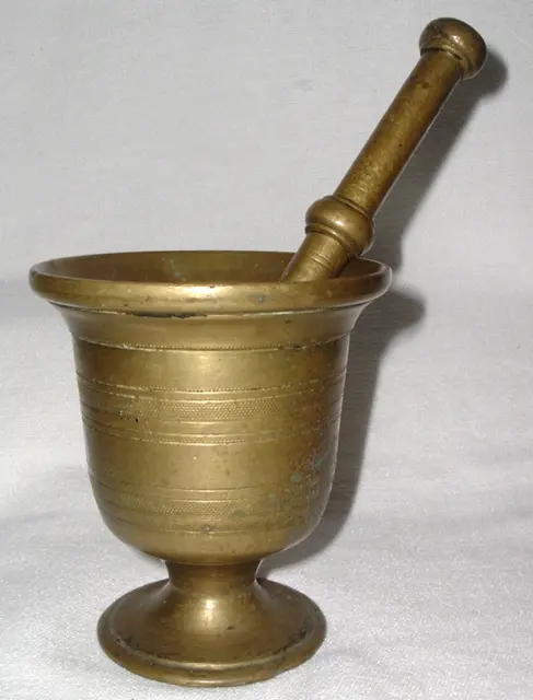 Early 19th~C SOLID BRONZE BRASS MORTAR PESTLE TOOLED RINGS 'DOT' IMPRESSIONS