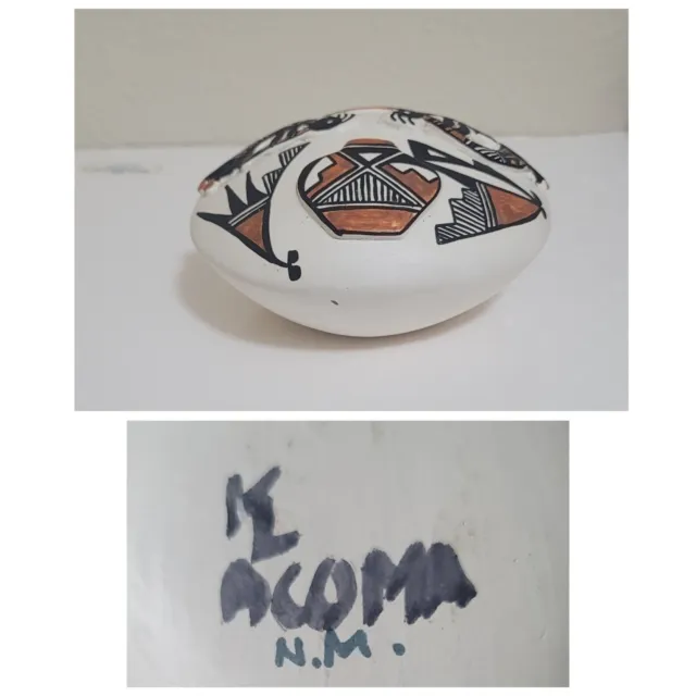 Acoma NM Pueblo Pottery Seed Pot raised Kokopelli & Pots Signed KL