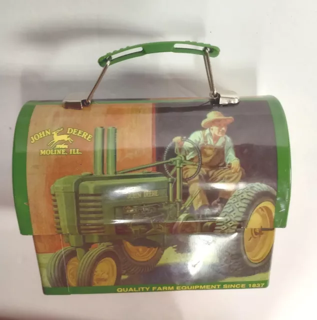 John Deere Small Tin Lunch Box Miniature Mini Man on Tractor Excellent Condition