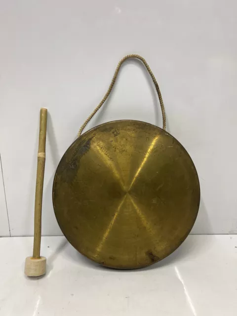 Vintage Old Brass Metal Round Plate Antique Traditional Gong Bell With Woodstick