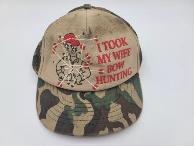 Vintage I Took My Wife Bow Hunting Camo Mesh Trucker Snapback Hat Cap Made USA
